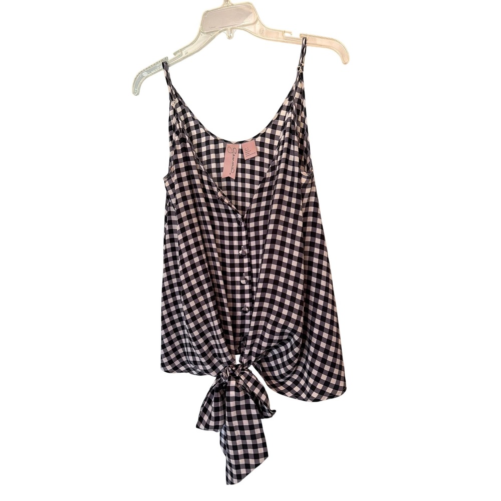 Gemma Cami Top Black White Gingham 100% Silk Button Front Tie Hem Tank L